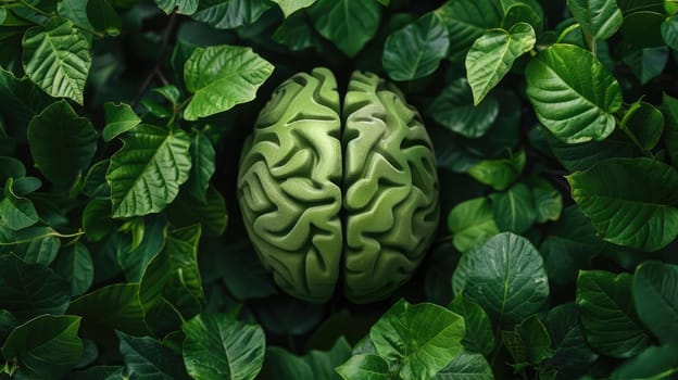 Green leaves brain. Concept of environmental thinking. Nature protection and mental health AI