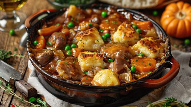 Beef stew in frying pan. Stewed potatoes with meat. Delicious traditional food AI