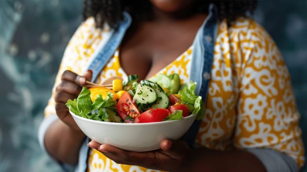 Plus size black woman with bowl of vegetable salad AI