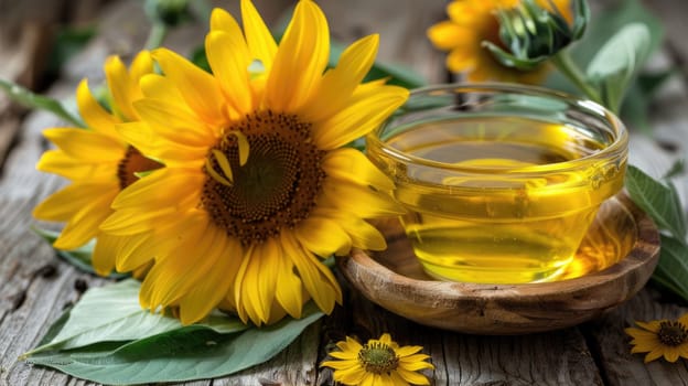 Organic sunflower oil in a small glass jar. Sun flower oil AI