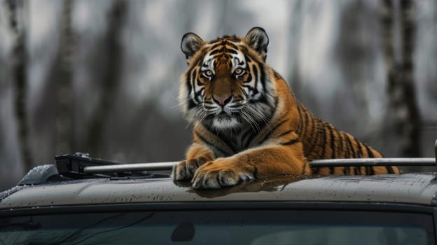 Tiger sitting on the roof of a car AI