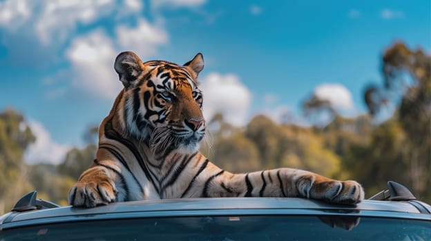 Tiger sitting on the roof of a car AI