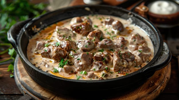 Venison in sour cream. Traditional dish of Norway AI