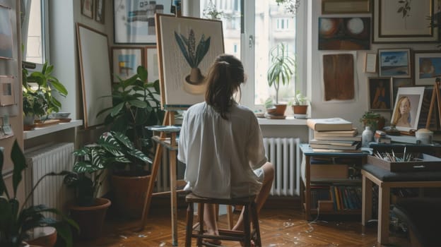 Woman in a white shirt is painting a picture at the easel in a bright, cozy room with paintings. Girl artist. AI