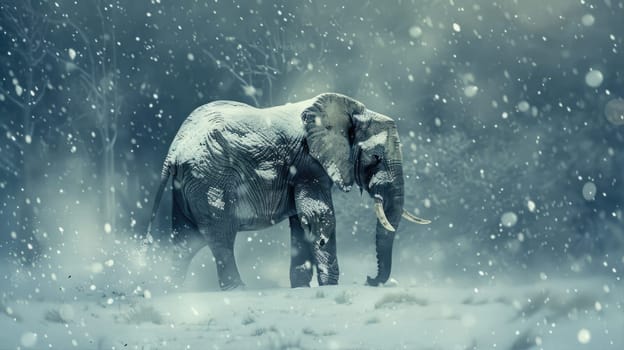 An elephant lost in a snowstorm. An unusual environment for an elephant. AI