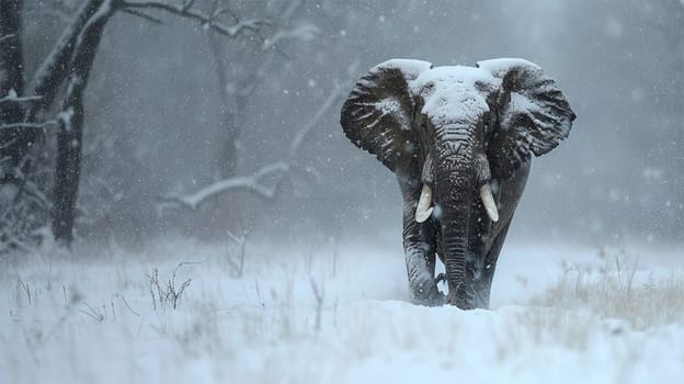 An elephant lost in a snowstorm. An unusual environment for an elephant. AI