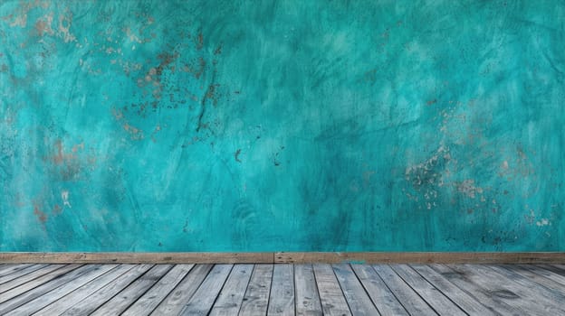 Blue turquoise empty wall and wooden floor AI