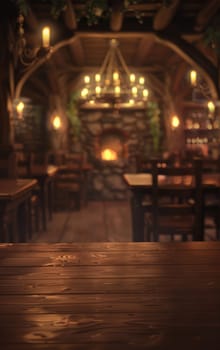 Vertical image of a fantasy tavern. Blurred background AI