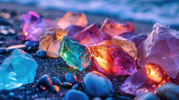 Colorful neon gemstones on a beach. Mystical glow. AI
