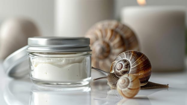 Organic cosmetics made with mucin and snail on table. Cream in a jar and snail on the background AI