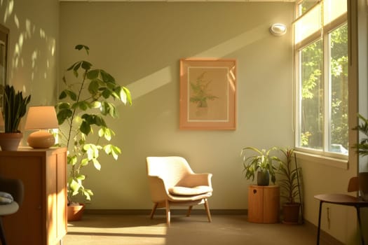 Sunlight streams through sheer curtains, filling a cozy interior space with two inviting armchairs and lush greenery.