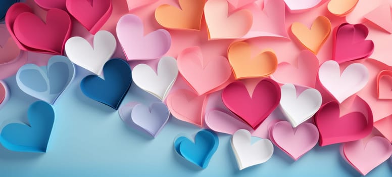A vibrant collage of paper hearts in shades of blue and red, a symbolic celebration of love and affection