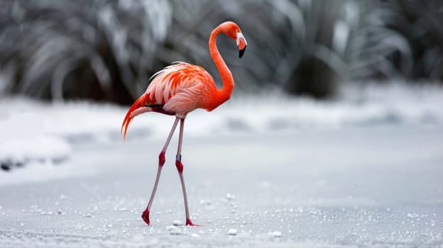 Flamingo walking on snowy ground AI