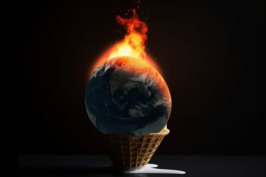 A provocative concept image showcasing Earth as an ice cream scoop, aflame on top, melting over a dark background, symbolizing climate change