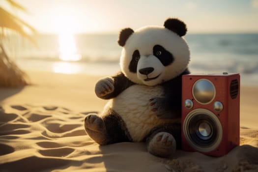 A content panda with a vintage camera, sitting on the sand at the beach, evoking themes of travel and leisure photography