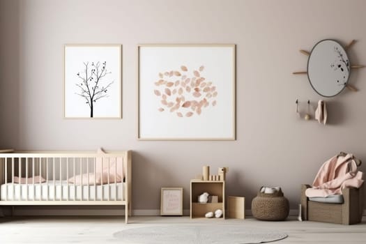 Modern nursery room with a wooden crib and a striking abstract poster, complemented by soft hues and minimalist decor, providing a chic and comforting space for infants.