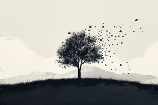 Stark black and white illustration featuring a solitary tree with leaves dispersing in the wind, set against rolling hills.