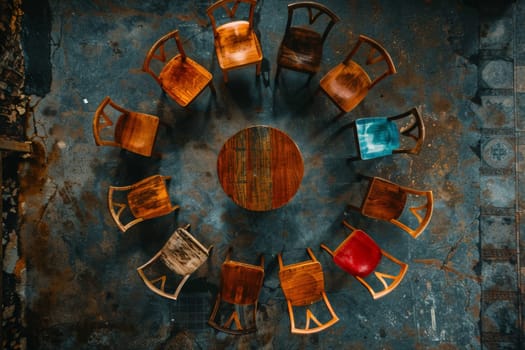 A striking circle of empty, multicolored chairs set outdoors, casting long shadows in the evening light, suggestive of community events