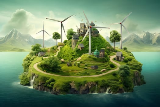 A serene fantasy island with modern wind turbines and picturesque houses, embodying the harmony of sustainable living and clean energy integration