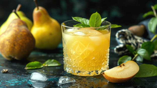 Fresh pear lemonade in a glass on a dark background AI