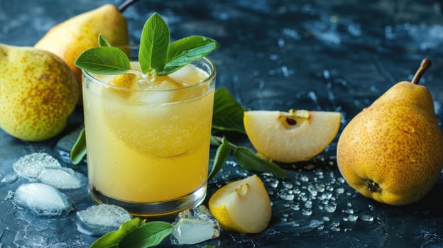 Fresh pear lemonade in a glass on a dark background AI