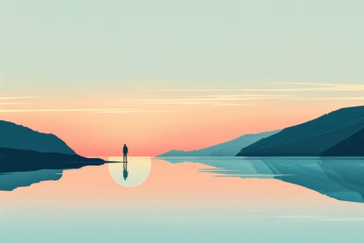 A minimalist digital illustration captures a single silhouette against a serene lakeside sunset with a reflection on the water surface