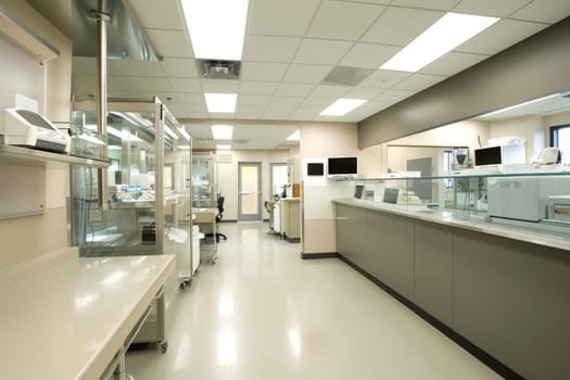 This image showcases a well-equipped veterinary clinic with a patient table, cabinetry, and medical equipment, ready for animal care