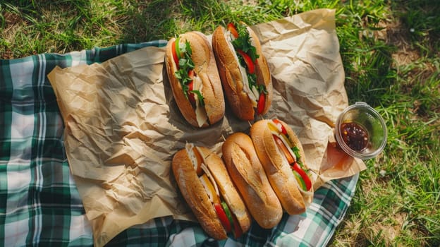 Fresh tasty sandwiches on craft paper on a blanket on the grass during a picnic. View from above AI