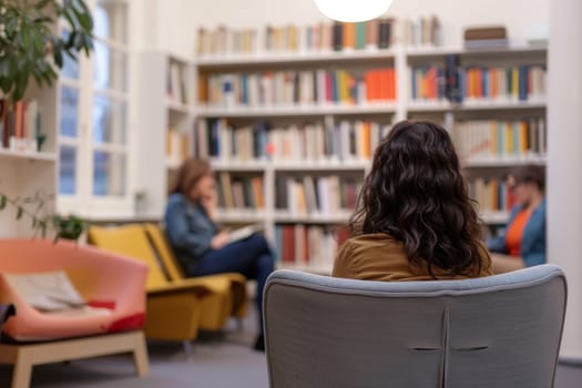 A defocused image of a collaborative office meeting with a book on mental health resources in the foreground, suggesting professional development.