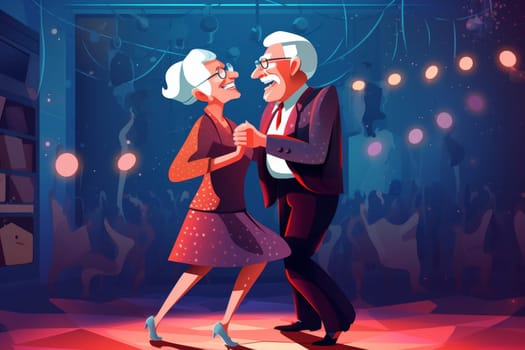 A heartwarming illustration of an elderly couple dancing, their faces alight with joy, amidst a vibrant party atmosphere, celebrating life and love with unbridled enthusiasm