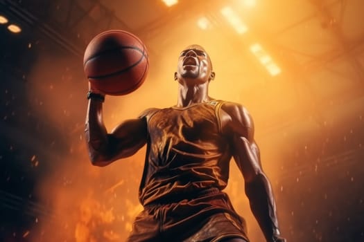 A powerful image capturing a male basketball player's focused expression as he handles the ball with skill, set against a dramatic orange haze.
