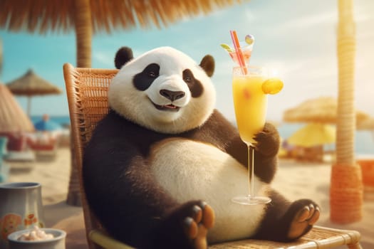 A cheerful panda holding a tropical cocktail, seated comfortably in a beach chair against a backdrop of sand and sea