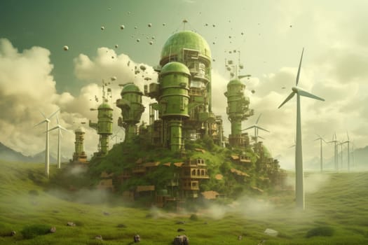 An imaginative, eco-friendly cityscape with green architecture and wind turbines amid floating islands and lush fields
