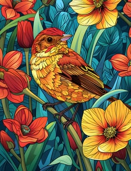 A vibrant orange bird is perched among colorful flowers in a lush green field, creating a beautiful scene inspired by nature and botany in an art painting