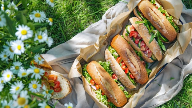 Fresh tasty sandwiches on craft paper on a blanket on the grass during a picnic. View from above AI