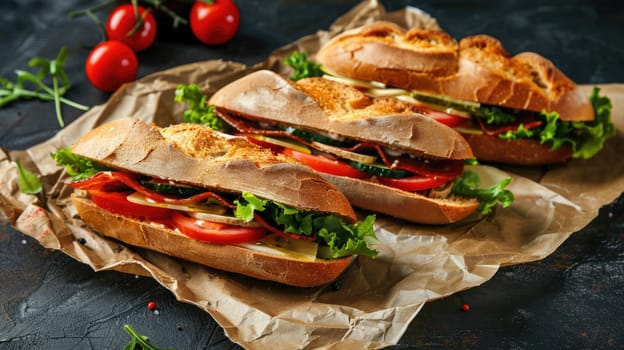 Fresh tasty sandwiches on craft paper on a dark background AI