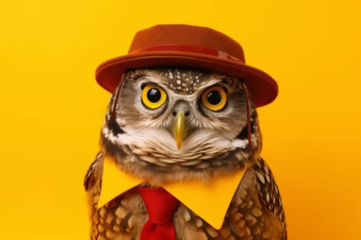 A quirky portrait of a smartly-dressed owl wearing glasses and a yellow hat against a vibrant yellow background, showcasing unique wildlife fashion