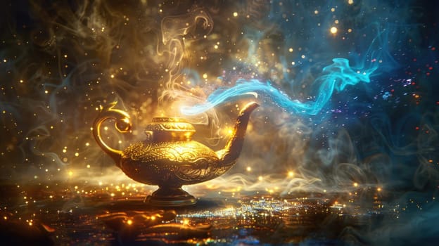 Genie's lamp - the fulfillment of three wishes. Magical glow effect AI