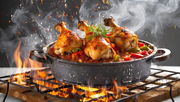 Golden brown, crispy, juicy fried chicken cooking on a grill, with smoke, flames, and sparks. High quality photo
