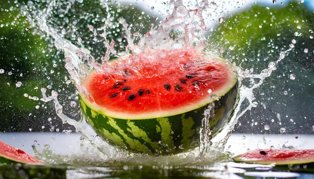 A watermelon drops, splashing water around. High quality photo