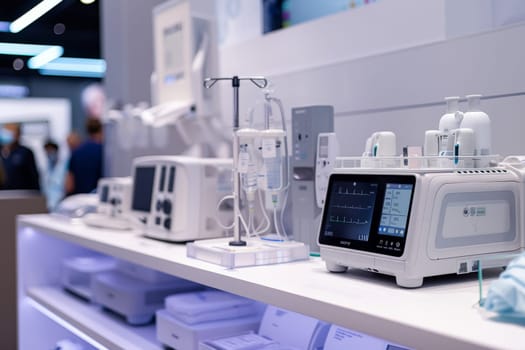 High-tech medical equipment on display with monitors and machines showcasing vital sign metrics in a blurred conference background