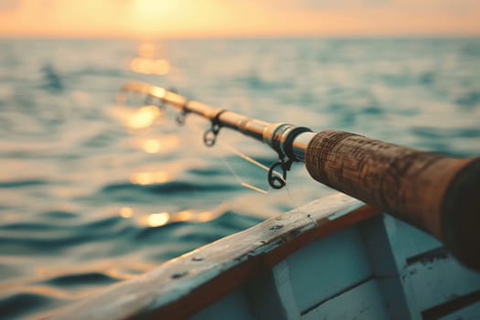 The curve of a fishing rod silhouetted against the shimmering ocean sunset, promising adventure and tranquility
