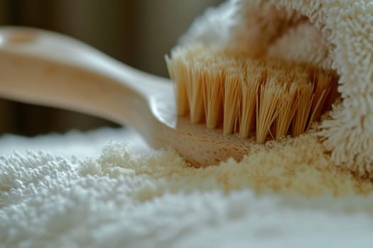 A close-up showcases the method of dry brushing on skin with suds, promoting the concept of wellness and self-care