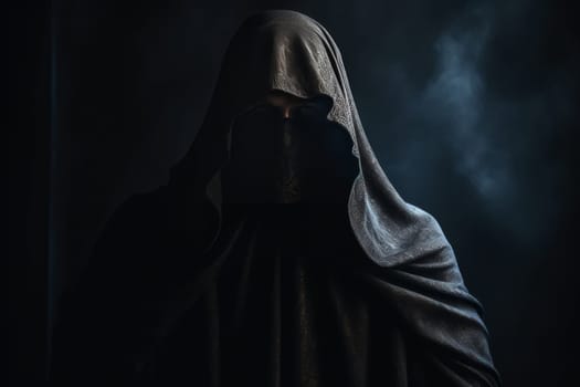 An enshrouded figure in a dark cloak, face obscured in shadows, creates an air of mystery and foreboding, suggestive of future prediction and the unknown