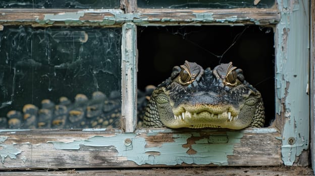 A crocodile climbed into an old abandoned house AI