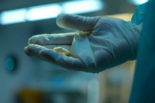 A close-up shot of a healthcare worker's hand in a blue glove, holding several white capsules, against a clinical backdrop, highlighting healthcare practices