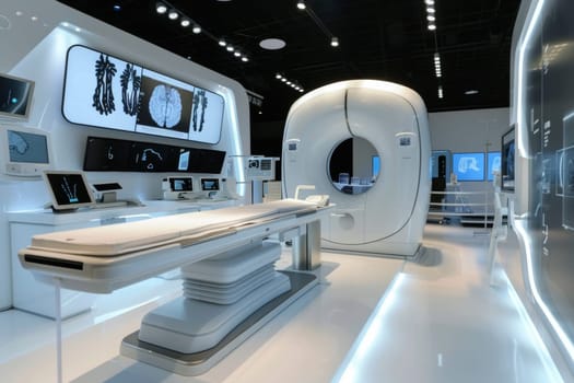 A state-of-the-art medical imaging room equipped with an MRI scanner and multiple diagnostic screens showcasing various medical scans