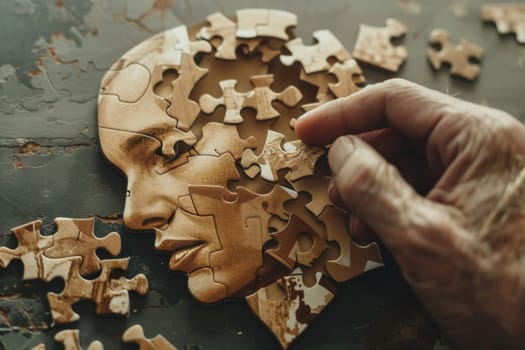 An elderly hand placing the last piece into a complex wooden jigsaw puzzle shaped like a human head, symbolizing the completion of a thought process