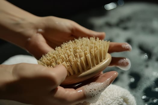 A close-up showcases the method of dry brushing on skin with suds, promoting the concept of wellness and self-care