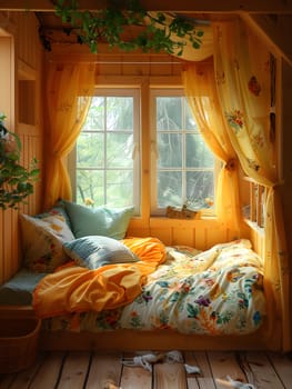 A cozy bedroom with a hardwood bed frame, yellow curtains on the window, and shades for added comfort. The interior design combines tints and shades beautifully